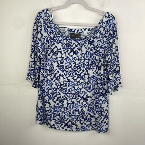 Chico’s TRAVELERS CLASSIC Off-The-Shoulder Top paisley Blue & White size L - Picture 1 of 16